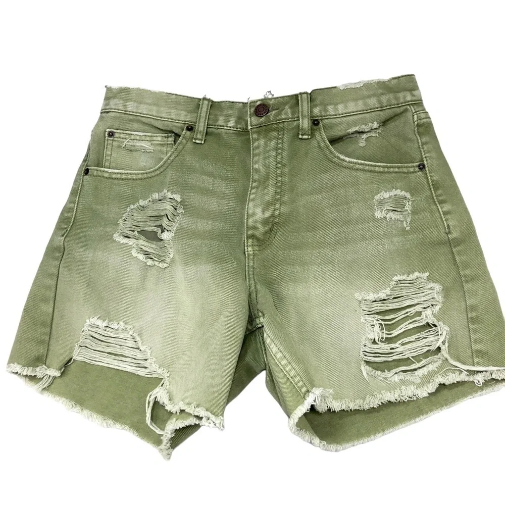 UO BDG Dropped Waist Ripped Shorts Olive Green Sz 25 High Rise Casual Boho Beach